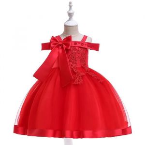 Robe Demoiselle Enfant Fille Loose P&eacute;tales Noeud Papillon au Dos Fleur Robe C&eacute;r&eacute;monie 5-14 Ans - Rouge