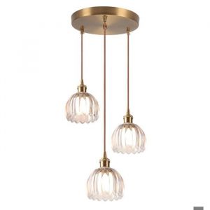 WOTTES 3 T&ecirc;tes Disque Suspension en Verre Fleur Transparent Vintage Laiton Dor&eacute; Lustre Salon Moderne &Eacute;clairage Plafond Art D&eacute;co