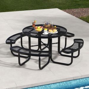 COSTWAY Ensemble Table de Pique-Nique Ronde avec 4 Bancs Int&eacute;gr&eacute;s pour 8 Personnes Table de Camping avec Trou pour Parasol Noir