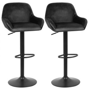 Tabouret de Bar en Velours &Eacute;l&eacute;gante - QIAN - Lot de 2 - R&eacute;glable en Hauteur avec Dossier Accoudoirs - Noir