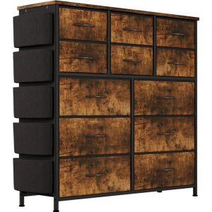 Commode de chambre avec 12 Tiroirs en Tissu Commode de Rangement Cadre en Acier Dessus en Bois 99*30*110cm- Marron Rustique
