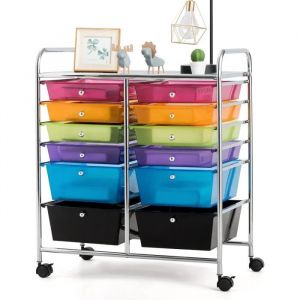 GOPLUS Chariot de Rangement 12 Tiroirs 64 x 38 x 75 CM Tour de Rangement à roulettes Cadre en Acier pour Chambre Coloré B