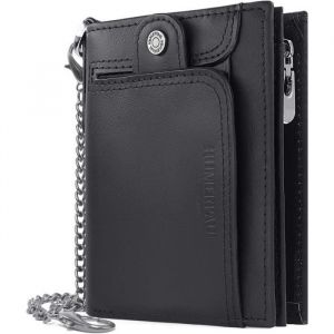 Portefeuille Homme en Cuir Blocage RFID - Marque Couleur - Noir - Poche zippée - Portefeuille avec chaîne