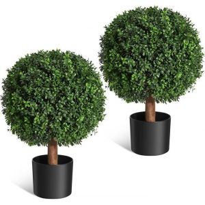Topiaire Arbre Buis Artificiel Lot de 2 Plantes Résistantes aux UV Faux Buis avec Pots pour Porche avant Décoration dentrée
