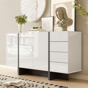 Buffet Noir/Blanc Brillant 150cm 4 Tiroirs + 3 Portes Facile &agrave; Nettoyer Design Moderne - Charni&egrave;res Amorties Id&eacute;al