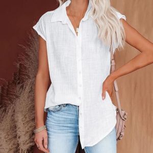 Chemise Lin Femme Éte Chemisier Coton et Lin pour Femmes Col V avec Boutons Décontractés Sans Manches Casual Tunique(Blanc)