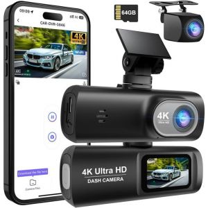 Dashcam Voiture Avant Arriere 4K+1080PWiFi Dash Cam sans Fil Camera Embarquée Voiture Enregistreur Jour et Nuit avec Carte SD 64