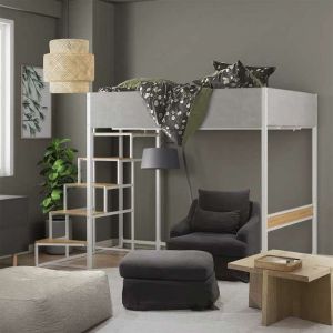 Lit mezzanine avec sommier et escalier en tissu gris clair métal blanc et mélamine imitation chêne - couchage 140x190 cm -