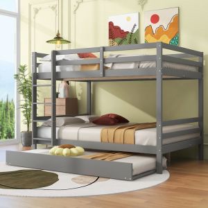 Lit superposés Lit jeune 140x200 cm Lits denfant avec lit gigogne Rampes hautes Escalier solide Gris