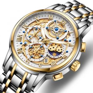 Montre homme de marqu quartz cadran squelette chronographe multifonction cadran à chiffres romains doré blanc cool