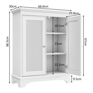 Armoire de salle de bain sur pied - Blanc - 66.6x29.8x86.5 cm - Porte en osier - &Eacute;tag&egrave;re r&eacute;glable - Design boh&eacute;mien