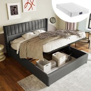 Lit coffre double 160x200cm en lin gris Sommier à lattes en bois massif Désign rayures verticales sur tête de lit avec matelas