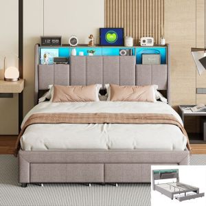 Lit double capitonné 140x200 cm avec tiroirs Lit adulte avec LED et USB Rangements de tête de lit Sommier à lattes lin gris