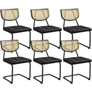 Yaheetech Lot de 6 Chaises de Salle &agrave; Manger Modernes Mid-century avec Dossier en Rotin Tiss&eacute; Assise Capitonn&eacute;e Noir