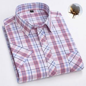 Chemise Homme &Agrave; Carreau Casual Manches Courtes 100%Coton Sans Repassage - Rouge