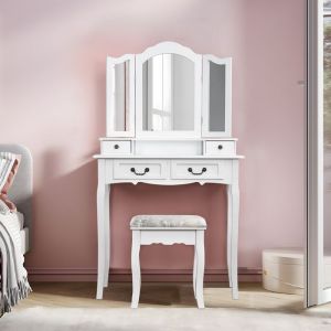 Coiffeuse en bois blanc avec miroir tabouret 4 tiroirs bureau de maquillage pour chambre fille et femme