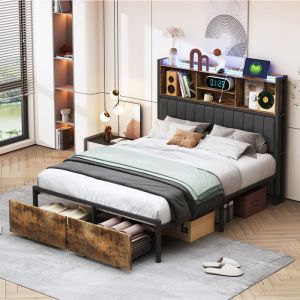 Lit Coffre 160x200cm LED  Tête de Lit avec avec USB et Stockage Tissu en Cuir Lit Adulte avec 2 Tiroirs et Sommier à Lattes