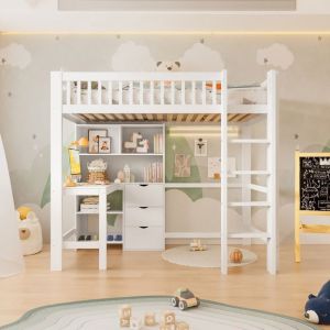 O.Ye Lit mezzanine 90x200cm lit enfant avec rangements multiples lit simple avec &eacute;chelle+bureau+3 tiroirs sommier  LIT MEZZANINE