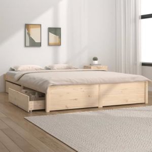 Cadre de lit avec tiroirs 140x200 cm - FAFEICY - Lisa - Bois de pin massif - Blanc - Classique - Intemporel