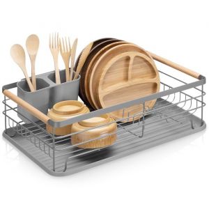 VILDE &Eacute;l&eacute;gance &Eacute;gouttoir &agrave; vaisselle - M&eacute;tal inoxydable - Poign&eacute;es en bois - Bac amovible - 425x32x145 cm