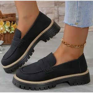 Chaussures mocassins compensées en daim pour femme - ECELEN - Style britannique rétro - Décontracté et rehaussant - Noir