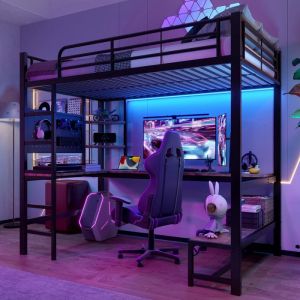 Lit mezzanine en m&eacute;tal 90 x 200 cm lit ado avec bureau &eacute;tag&egrave;re prises USB + Type-C &eacute;clairage LED et panneau perfor&eacute; noir