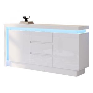 Buffet 140x35x72 Cm 3 Tiroirs 2 Portes LED Laqu&eacute; Blanc Pour Salon Et Chambre.
