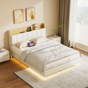 Lit 140 x 200cm lit adulte 140x200 avec port USB et LED lit capitonn&eacute; T&ecirc;te de lit avec rangement cach&eacute; cadre de lit PU Blanc