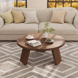 Table basse ronde - LUNSY - 85x85x40 cm - Marron - Plateau en panneaux de particules - Supporte jusqu&agrave; 90 kg