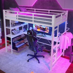 Lit mezzanine 90x200cm avec éclairage LED lit enfant avec bureau et prise + USB lit coffre avec 3 tiroirs+étagères Métal blanc