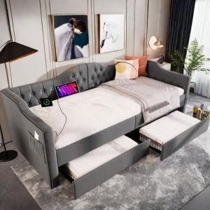 Canapé Lit 90x190 cm Lit coffre 1 personne Cadre de lit avec chargeur USB Type C et 2 tiroirs lin gris (matelas non inclus)