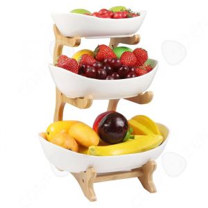 Corbeille &agrave; Fruits 33x145cm Plaque &agrave; trois couches Plateau de fruits secs en c&eacute;ramique avec support en bambou Base stable blanc