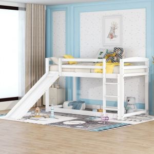 Lits superposés enfant 90x200 cm Lit simple en bois massif avec toboggan échelle et sommier à lattes - blanc
