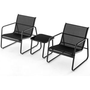 GOPLUS Salon de Jardin 3 Pcs - 2 Chaises + 1 Table Basse en Verre Trempé - Cadre Métallique pour Jardin/Terrasse Noir