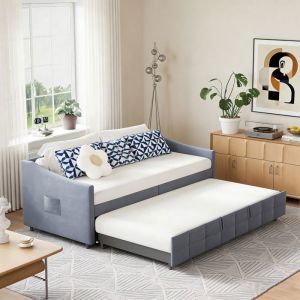 Lit gigogne 90x200 cm Canap&eacute;-lit extensible hydraulique 180x200 cm Bois et m&eacute;tal style scandinave Tissu Velours doux Gris