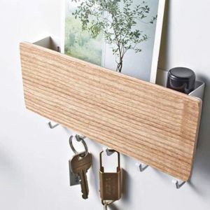 Étagère Murale Range-courrier - Acier Mat et Bois - 5 Crochets - Marron - Mat