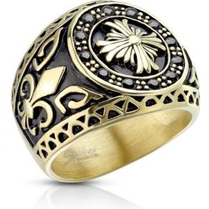 Bague chevalière homme - Acier doré - Croix celtique et fleurs de lys - Emblème France