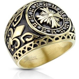 Bague chevalière homme acier doré croix celtique fleurs de lys emblème france