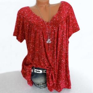 T-Shirt Femme - Rouge - Col en V Profond - Manches Courtes - Imprimé Floral