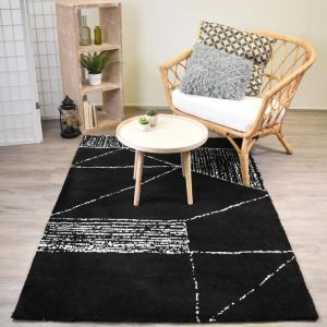 tapis salon 200x290 fait &agrave; la main noir et blanc rectangle motif g&eacute;om&eacute;trique