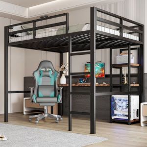 Lit mezzanine enfant métal 140x200 cm Lit adulte Lit loft avec bureau étagères ports USB barrière et sommier à lattes - noir