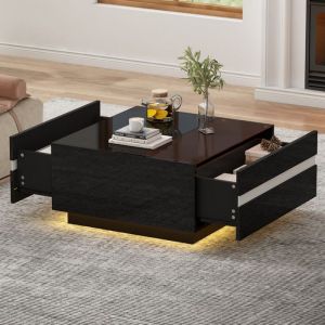 Table Basse Carrée - Table Basse Coffre Haute Brillance avec LED 70x70x36cm avec 2 Tiroirs Table de Salon en Verre Trempé - Noir