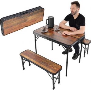 Table de camping - Enero - Pliante 90x60x70cm - 2 bancs 87x23x39cm - 4 places - Bois marron