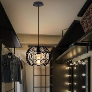 Suspension Luminaire Industrielle en Métal E27 Plafonnier Lustre - WOTTES - Noir - Fer Forgé - Extérieur
