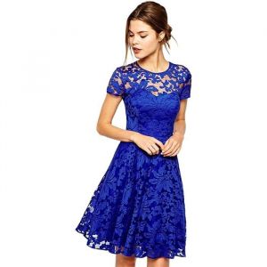 Robe de Soirée Bustier Dentelle Cocktail Manches Courte Femme - Ambcol - Vintage Dos Nu - Bleu - Femme - Adulte