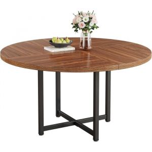 Tribesigns Table &agrave; Manger Ronde de 120 cm pour 4 personnes - Table de Cuisine Industrielle avec Structure en M&eacute;tal Robuste - Marron