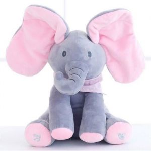 &eacute;l&eacute;phant chantant en peluche musicaux pour enfants，jouer &agrave; cache - cache les jouets &eacute;lectriques (Gris+Rose）