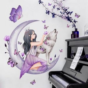 Stickers Autocollants Décalque Mural Lune Loup Fleur féeDécor Floral Papillons Décoration Murale pour Fille Bébé Chambre