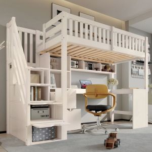 Lit mezzanine 90x200 cm blanc avec armoire escalier et bureau d&rsquo;angle lit enfant gain de place avec rangements