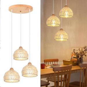 3 Lampes Suspension Luminaire Vintage Lustre Industriel en Bois Rotin Cage Abat-jour E27 &Eacute;clairage (Cercle Rotin Blanc) - SMOTOP